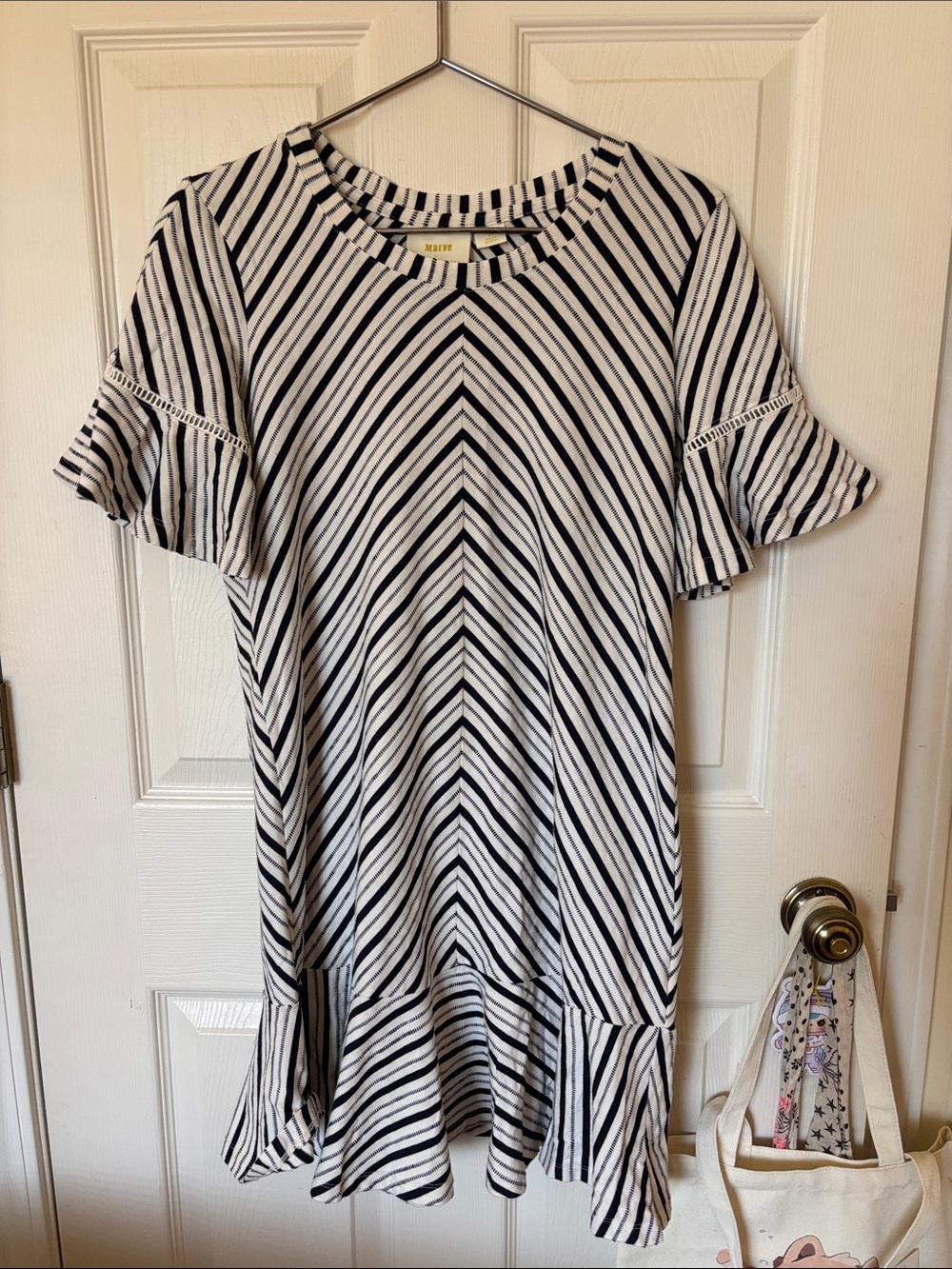 Maeve by Anthropology Striped Ruffle Dress Size Small Petite Navy Cream Cotton